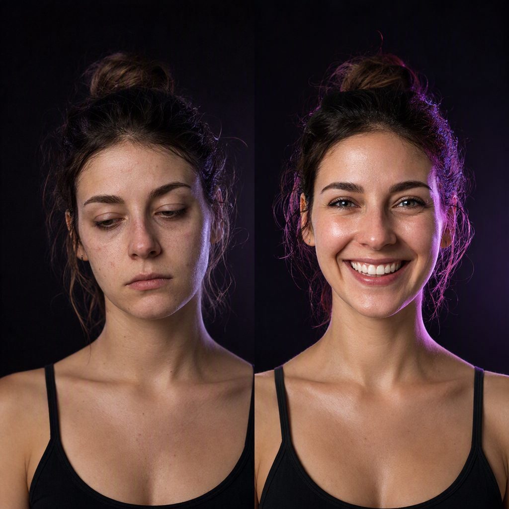 Before and after face score comparison, a woman