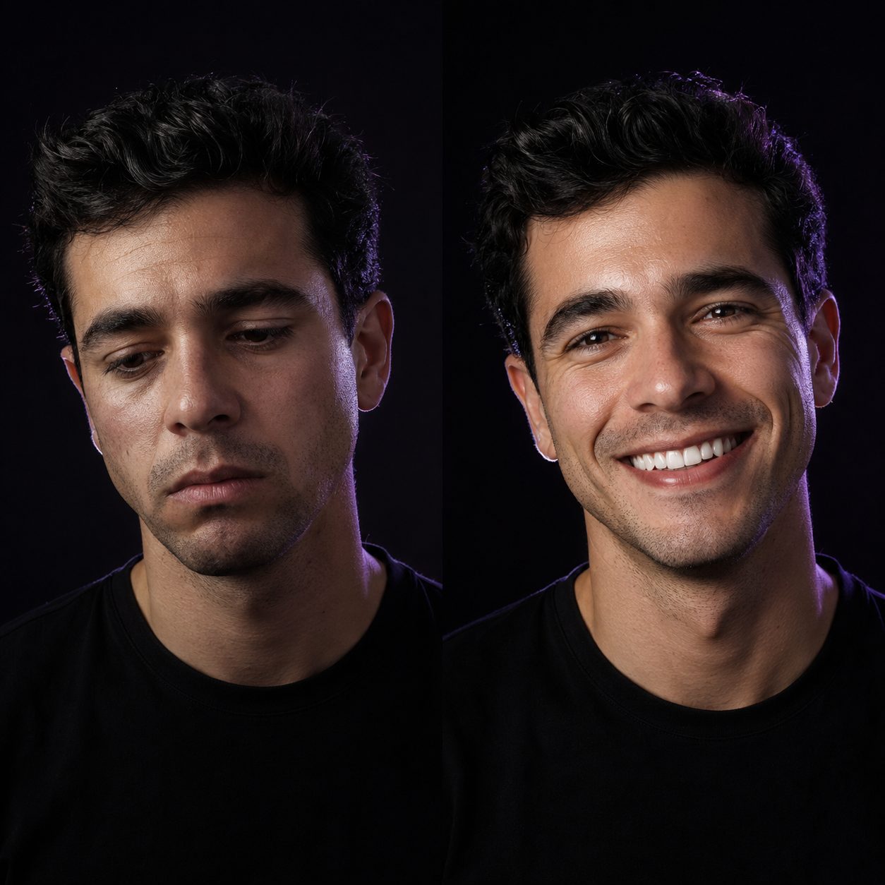 Before and after face score comparison, a man